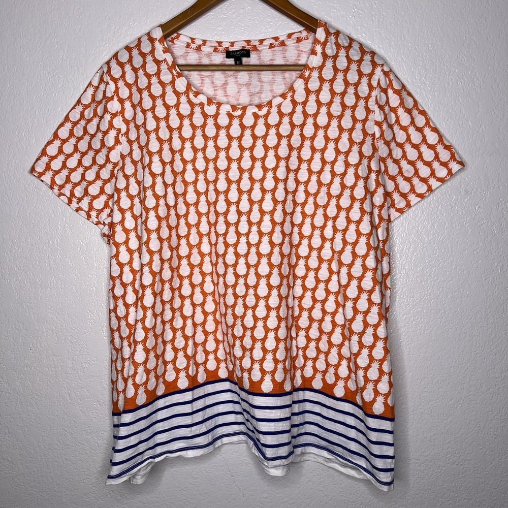 Talbots T-Shirt Women's 3X Pineapple Stripes Graphic Tee Basic Top Orange Navy - Picture 2 of 7